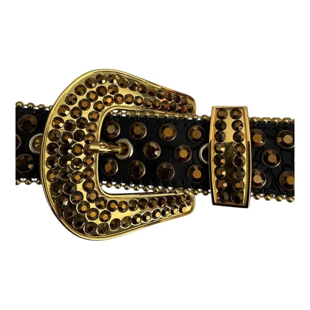 Studded Western Rhinestone Belt‎ Black Strap Gold Rhinestones Unisex XL 37